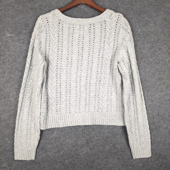 American Eagle Gray Cable Knit Cardigan Sweater Women Size M V-Neck Button Front - Picture 7 of 11